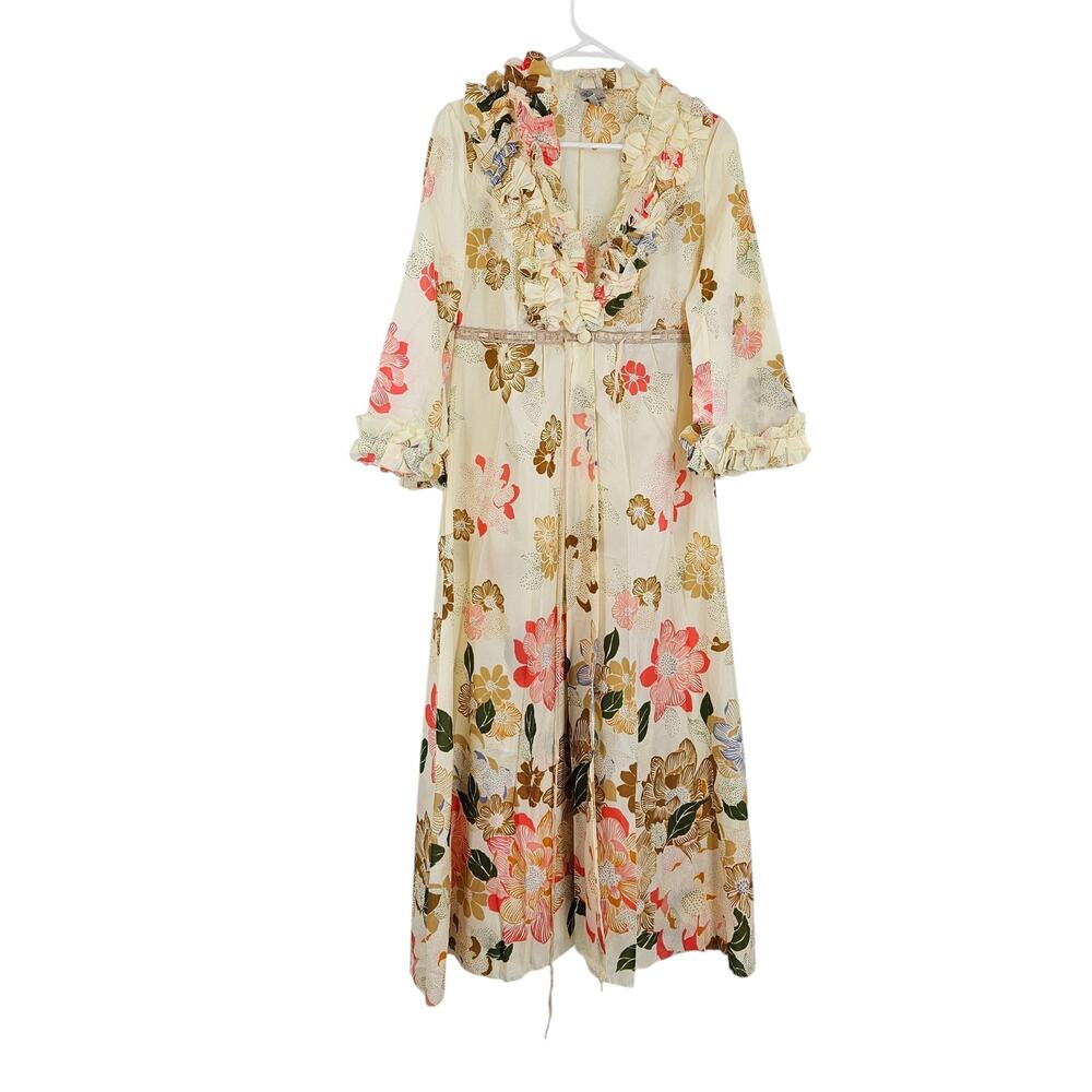 Vintage 70s Florida Robe Dress Cream Floral Ruffle Red Bell Sleeve Maxi Unique S